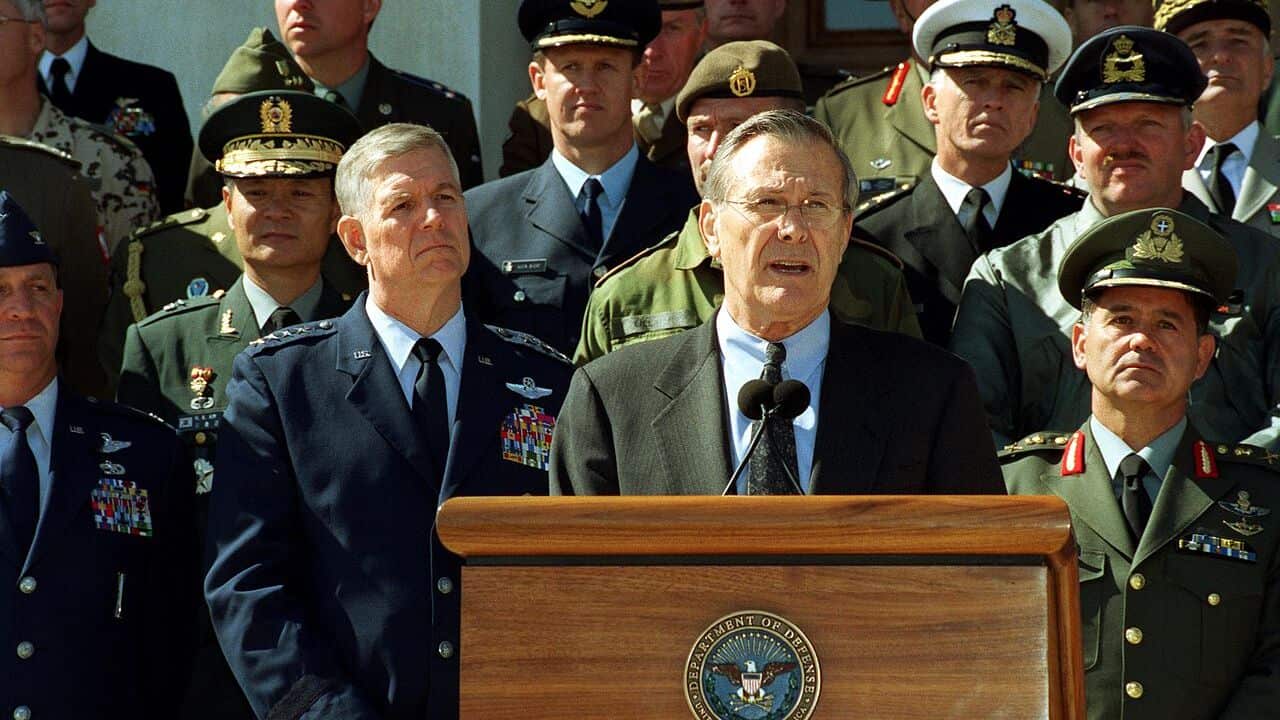 Dinald Rumsfeld, in 2002