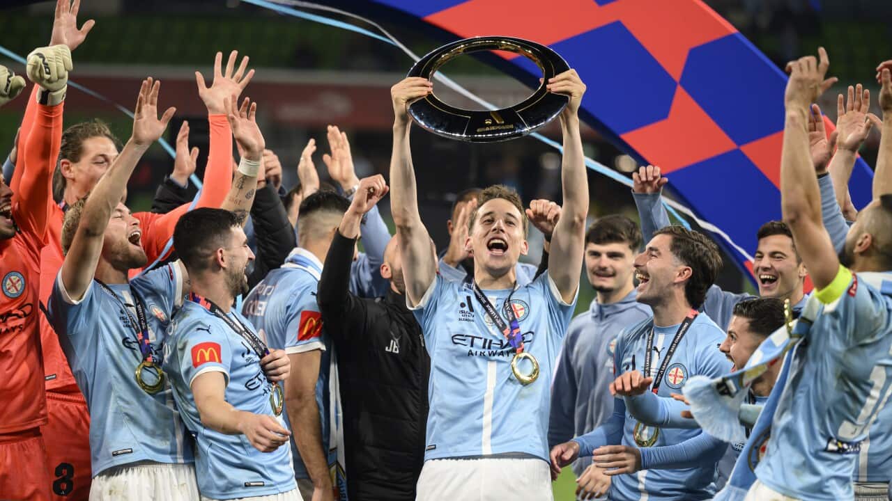 Kai Trewin of Melbourne City FC holds the winners trophy after City’s 1:0 win at the Melbourne City FC vs Melbourne Victory FC, 2025 Grand Final match at AAMI Park