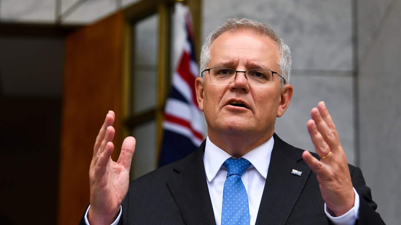 Australian Prime Minister Scott Morrison speaks to the media during press conference at Parliament House in Canberra, Thursday, October 28, 2021. (AAP Image/Lukas Coch) NO ARCHIVING