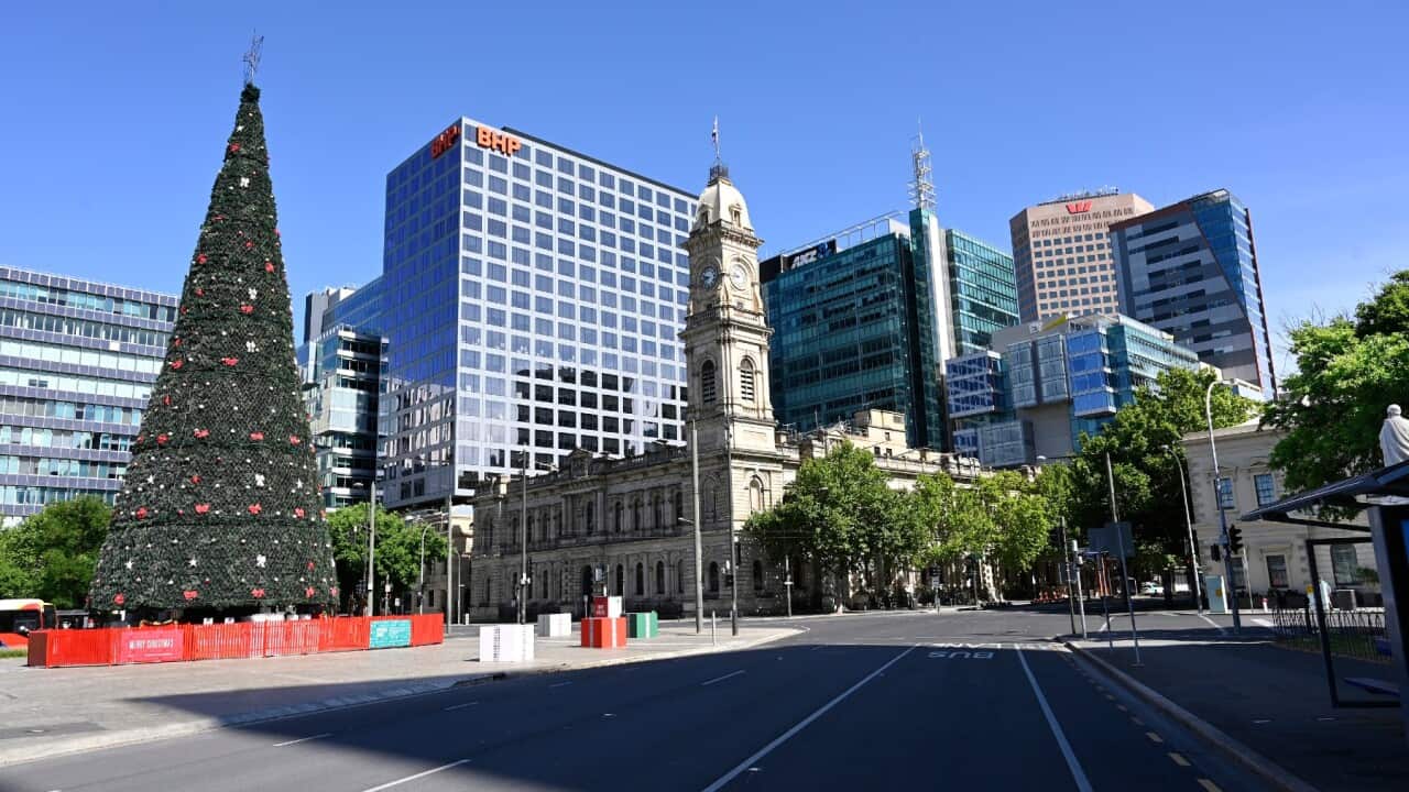 A general view of the CBD on day one of the lockdown in Adelaide, Thursday, November 19, 2020. South Australia will go into lockdown for six days, with a range of restrictions to provide a "circuit-breaker" and help control a worrying cluster of COVID-19