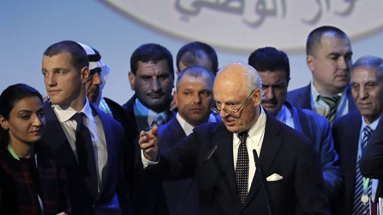 UN Special Envoy for Syria Staffan de Mistura (C) speaks during the Syrian National Dialogue Congress in the Black sea resort of Sochi, Russia, 30 January 2018.
