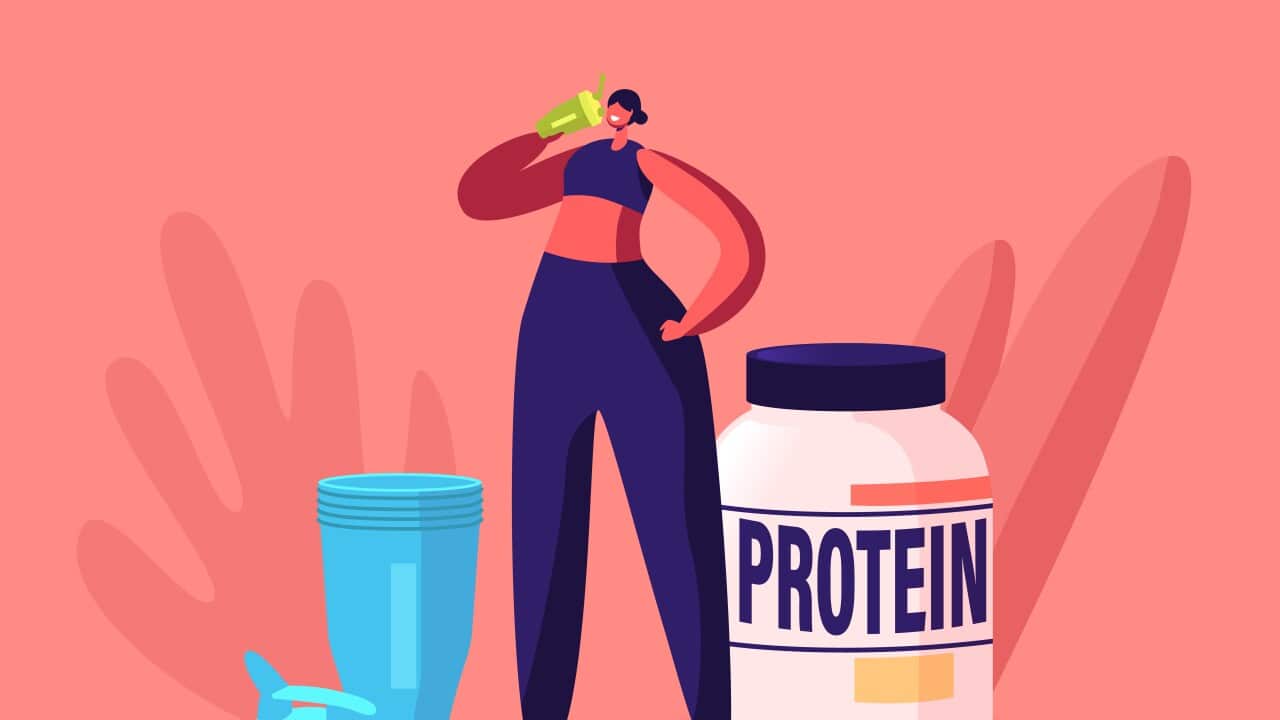 Sportswoman Character Drink Protein Cocktail from Shaker in Gym. Sportive Woman Healthy Lifestyle. Fitness Recreation