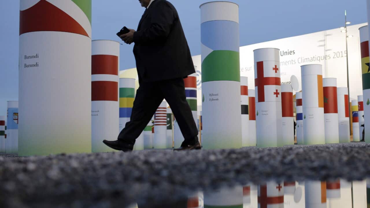 Outside the main entrance of the UN Climate Change Conference