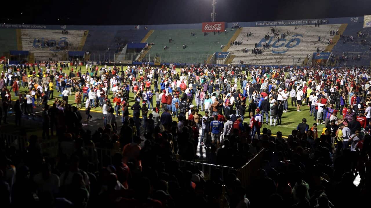 Supporters enter the field and protect themselves from tear gas released by authorities.