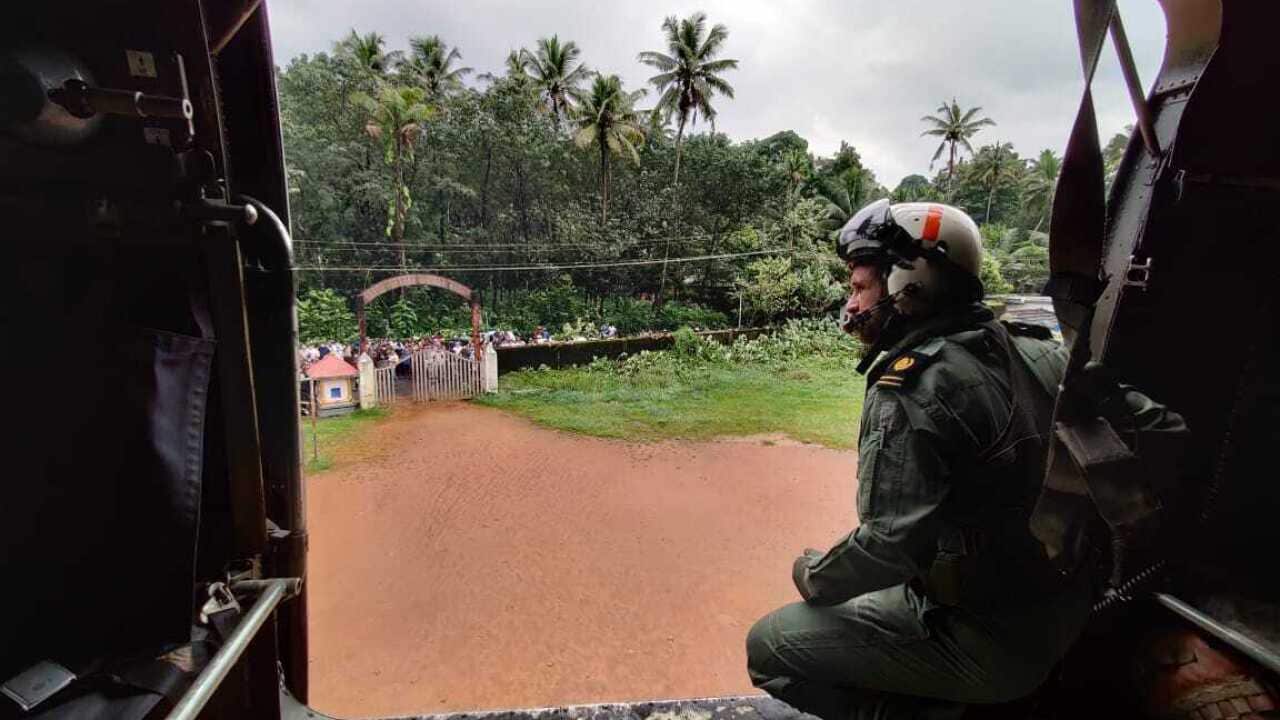 A photograph provided by the Indian Navy showing the view from a helicopter at Koottickal in Kottayam district, southern Kerala.