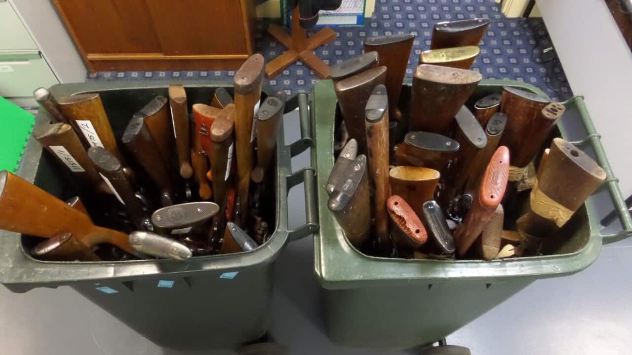A supplied undated image received on Monday, October 2, 2017, of guns handed in to Tasmanian police.
