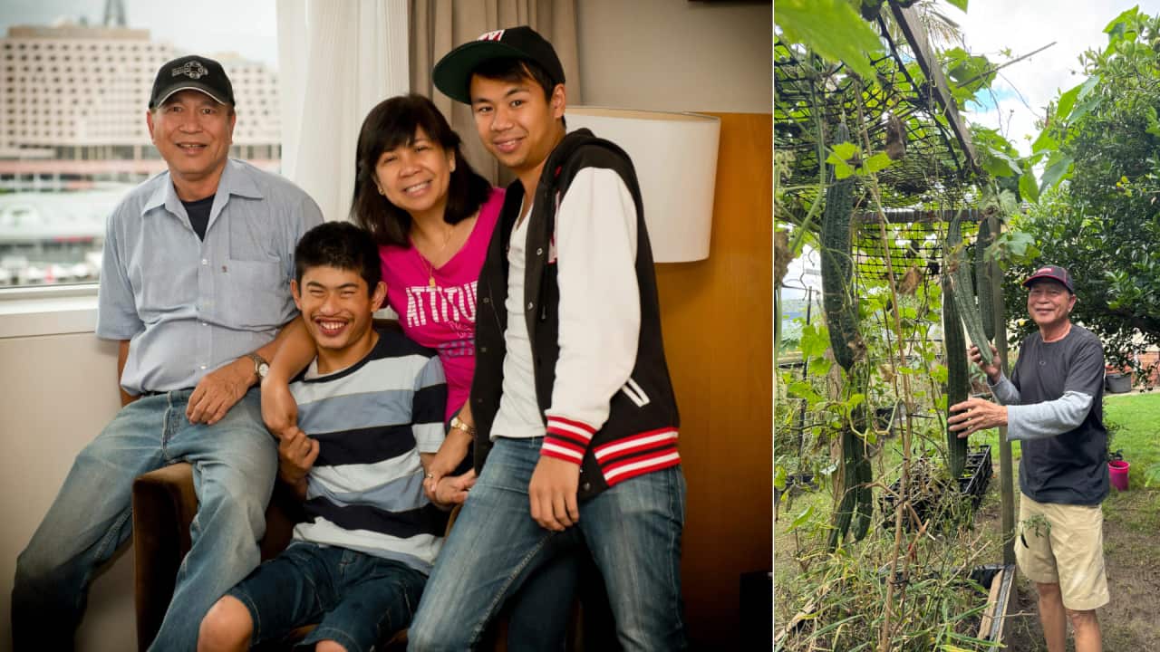 Roland Blancaflor enjoys retirement through backyard gardening (right photo) and time with his family (left).