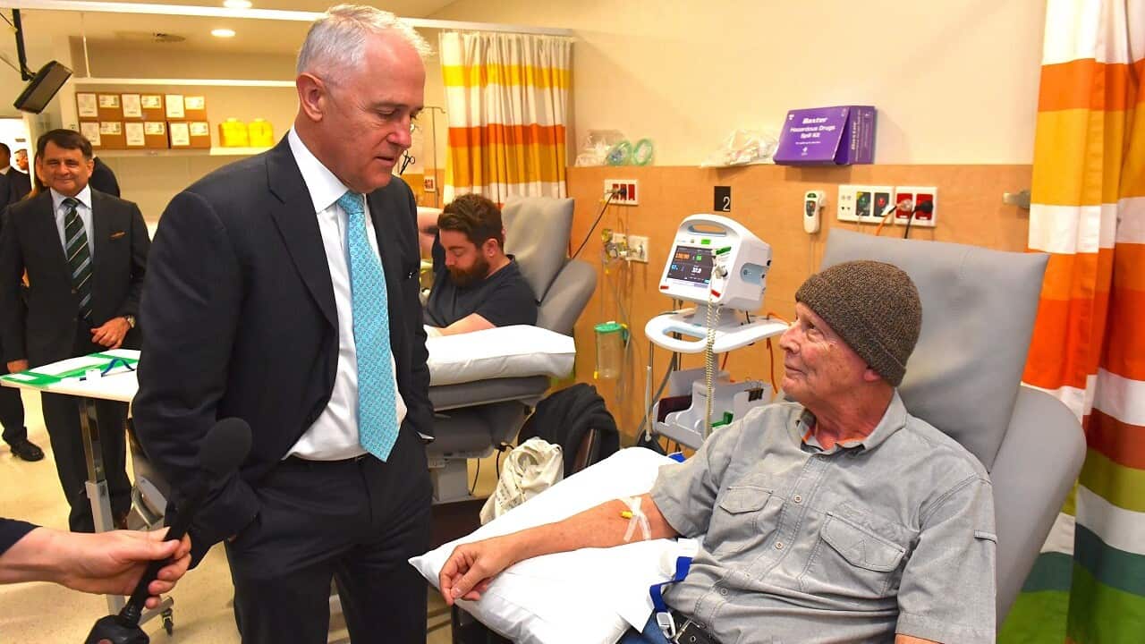 Prime Minister Malcolm Turnbull meets with cancer patients at Royal North Shore Hospital in Sydney.