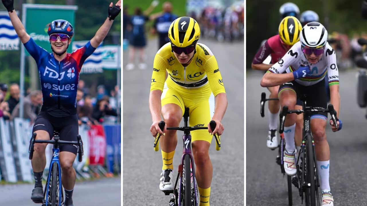 (L to R) Grace Brown, Lotte Kopecky and Annemiek van Vleuten.