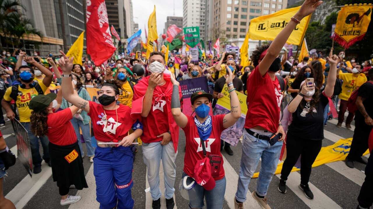 Protestors demonstrate against Brazil's President Jair Bolsonaro over his handling of the pandemic