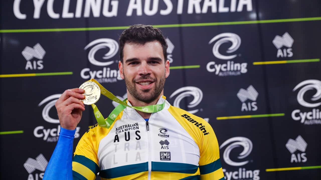 A new Australian sprint national champion - Nathan Hart with his gold medal at the 2019 Australian Track National Championships (Con Chronis)