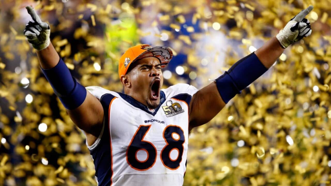Ryan Harris celebrates the Denver Broncos' victory.