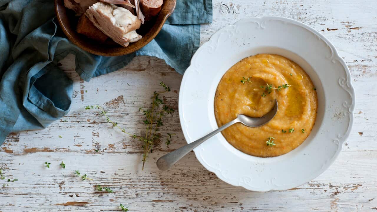 Yellow pea and duck soup