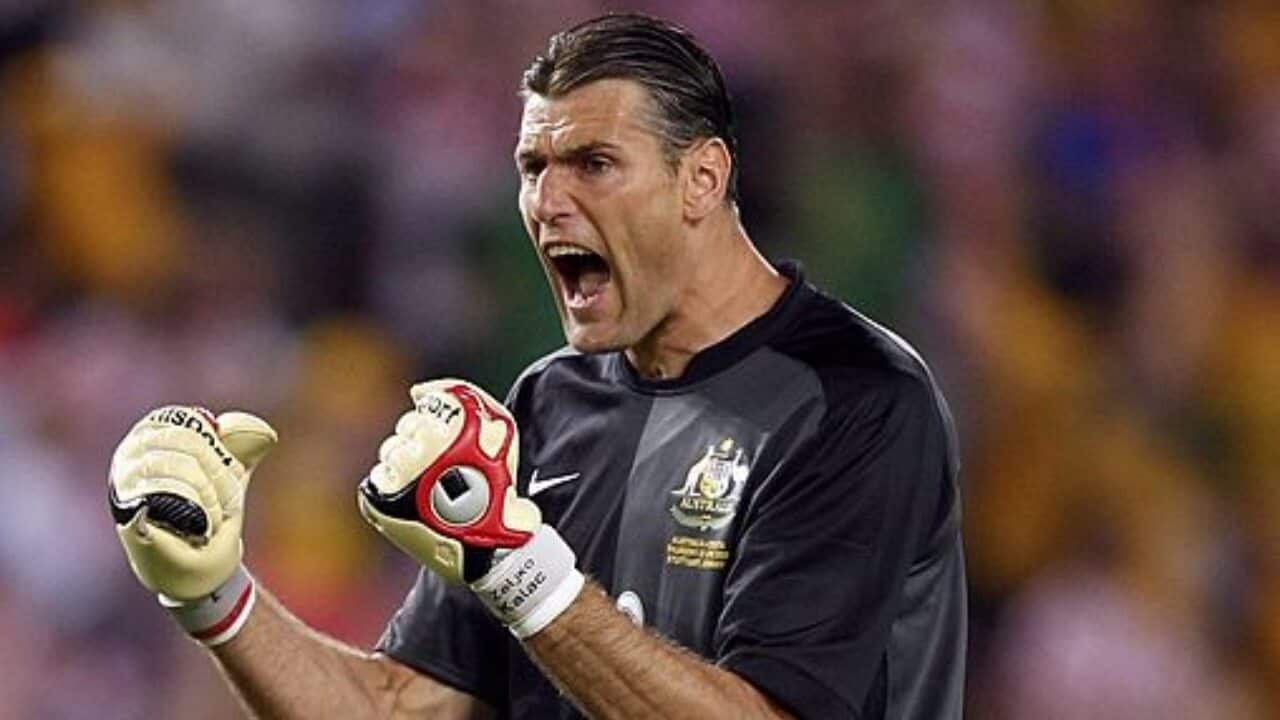 Socceroos goalkeeper Zeljko Kalac celebrates against Croatia at the 2006 FIFA World Cup.