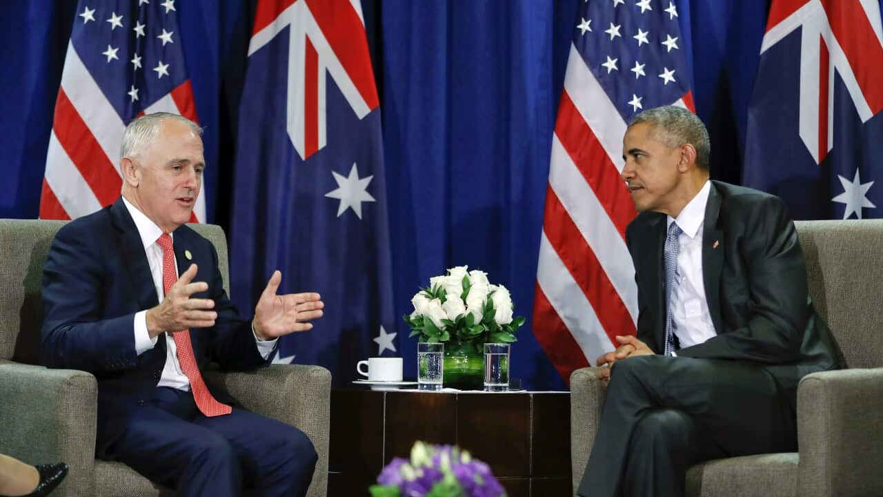 U.S. President Barack Obama, right, listens to Australia's Prime Minister Malcolm Turnbull during their meeting at the Asia-Pacific Economic Cooperation (APEC), in Lima, Peru, Sunday, Nov. 20, 2016. (AP Photo/Pablo Martinez Monsivais)