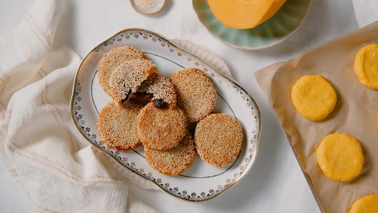 Chinese pumpkin cakes with toasted sesame