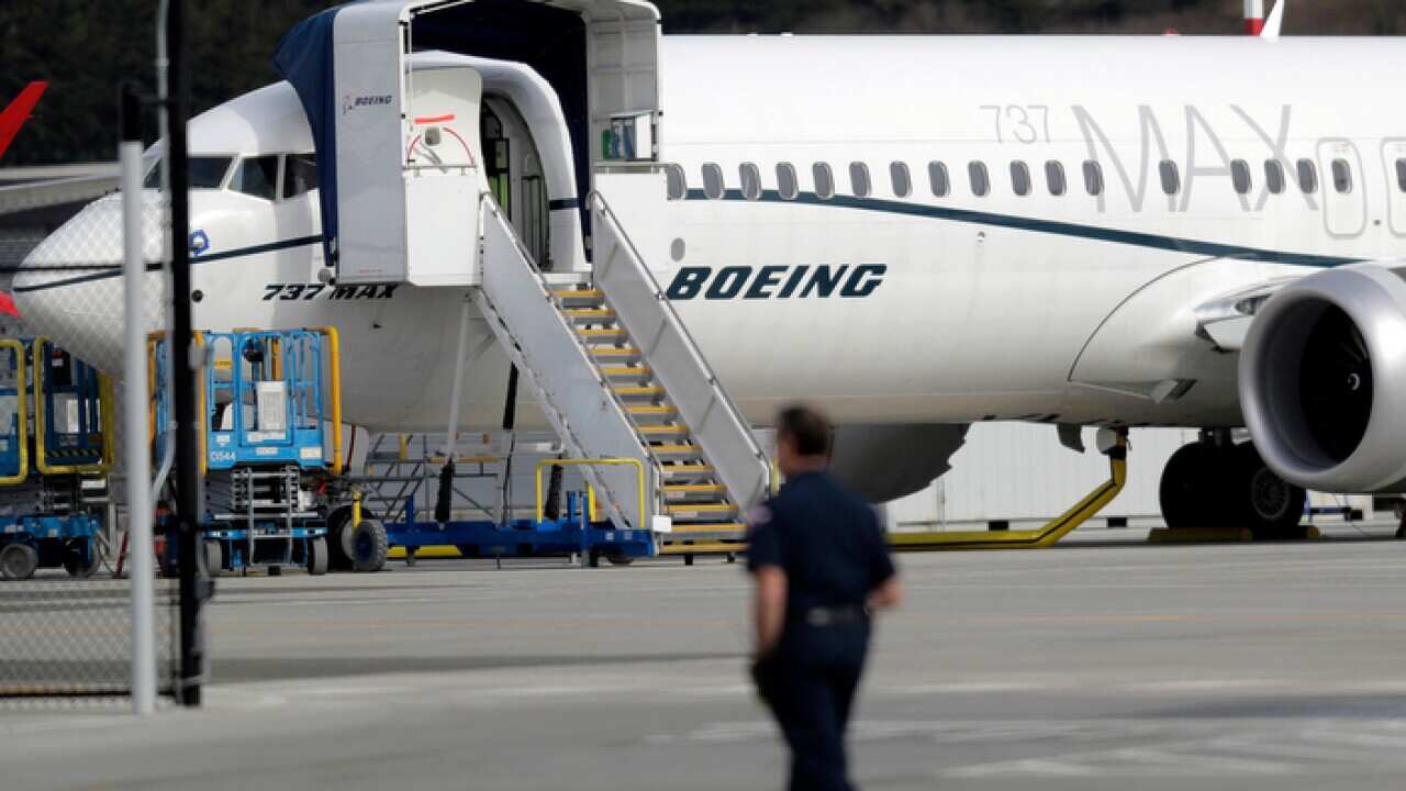 A Boeing 737 MAX 8 airplane parked at Boeing Field in Seattle, US