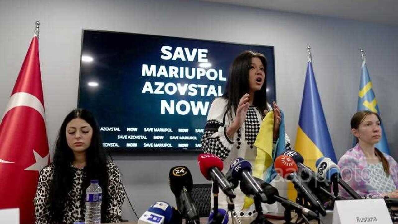 Ukrainian singer Ruslana (C), speaks during a press conference, as they arrive in Istanbul to ask Turkish President Recep Tayyip Erdogan to support the rescue of soldiers and civilians in Mariupol, in Istanbul, Turkey, 16 May 2022.