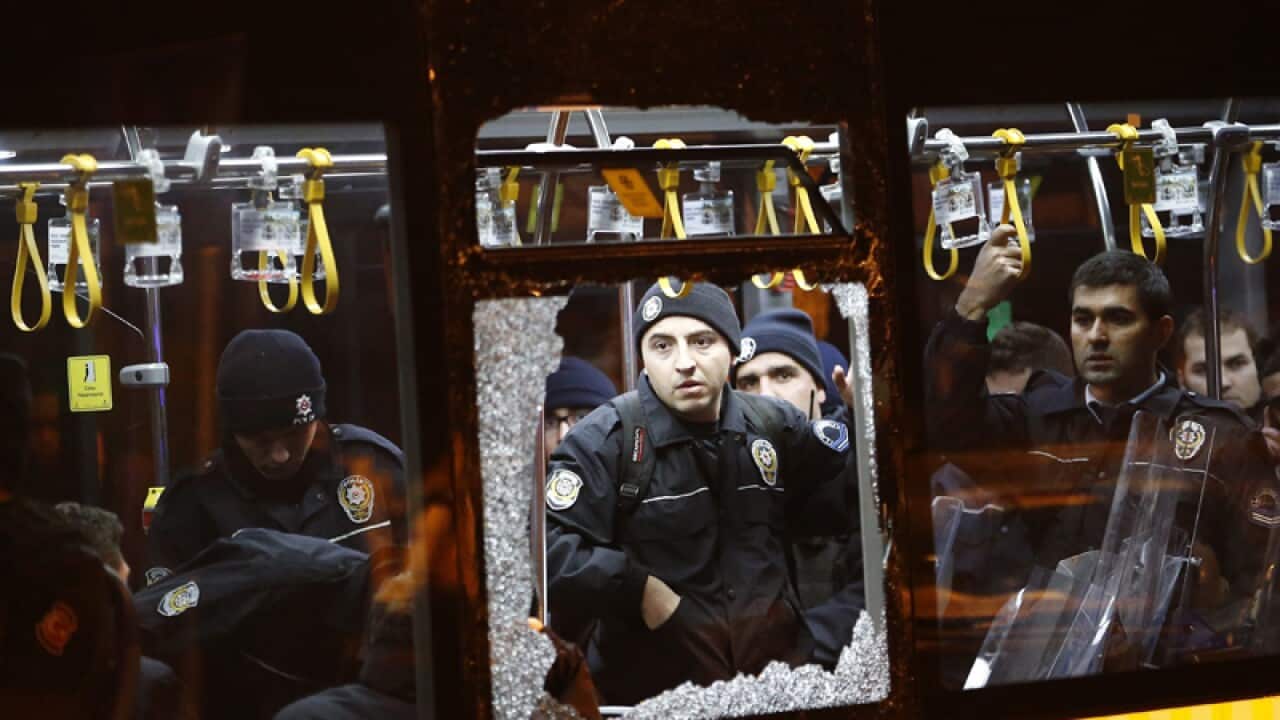 A damaged bus after an explosion near Vodafone Arena Stadium, Istanbul