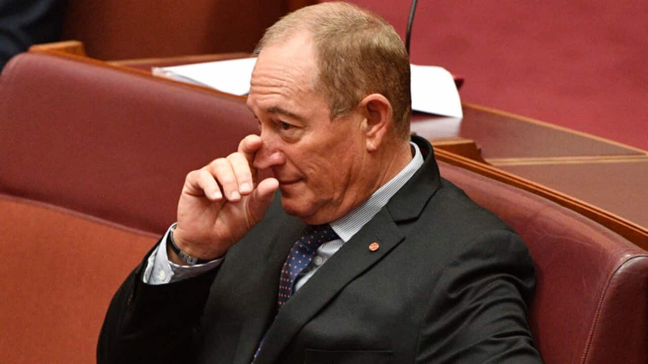Katter's Australian Party Senator Fraser Anning during a Greens censure motion against Senator Anning in the Senate chamber at Parliament House in Canberra, Wednesday, August 15, 2018. (AAP Image/Mick Tsikas) NO ARCHIVING
