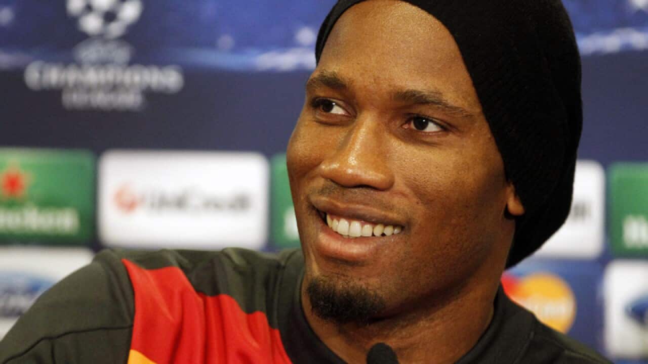 Galatasaray's Didier Drogba speaks to the media in London