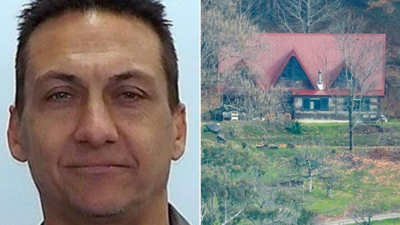 A composite image of Dezi Freeman and the property where two police officers were shot and killed