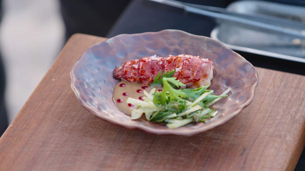 Marron with smoked paperbark butter, coastal herbs, youlk and bloodroot oil