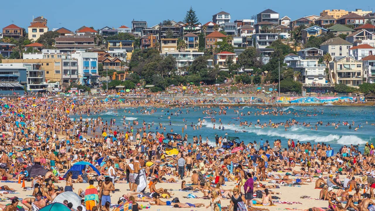 Very crowded but immensely popular Bondi Beach in Sydney