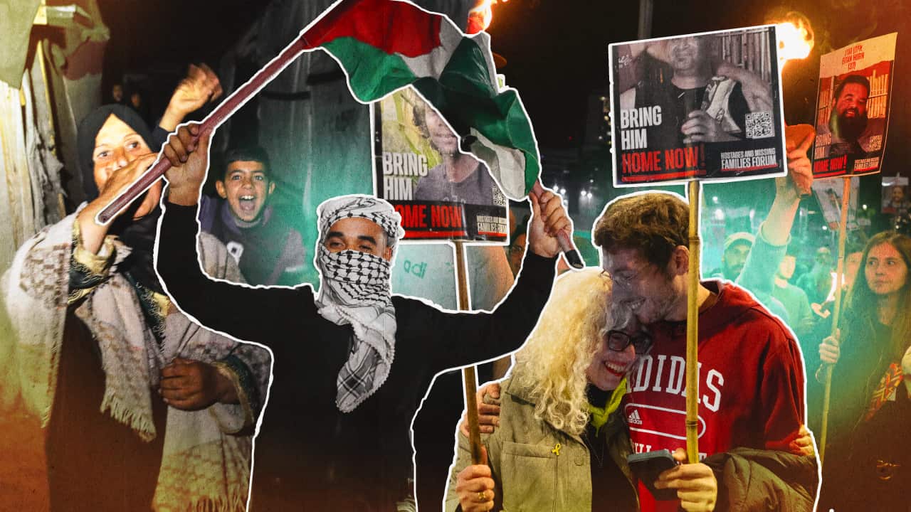 A composite image of people with a Palestinian flag and holding signs that say bring him home now