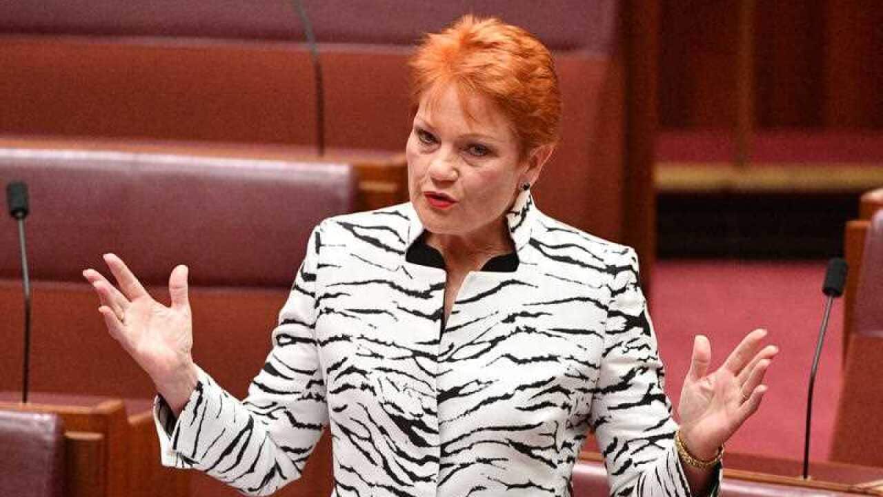 One Nation leader Senator Pauline Hanson reacts to Katter's Australian Party Senator Fraser Anning first speech.