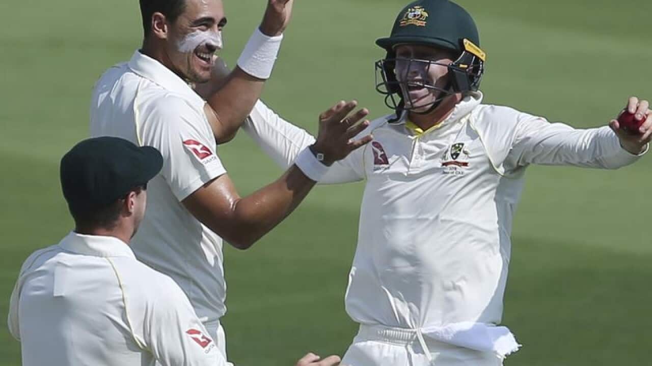 Australian cricketer Mitchell Starc (c) and teammates