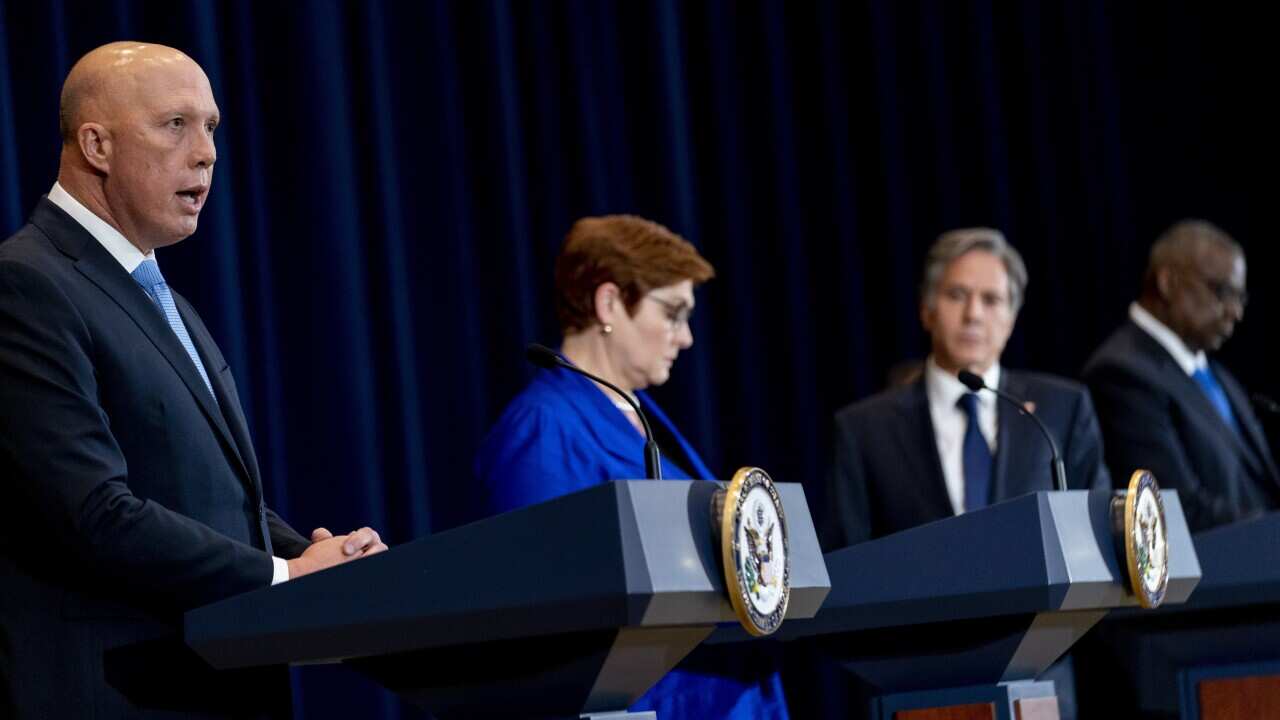 Minister of Defense Peter Dutton, accompanied by Foreign Minister Marise Payne, Secretary of State Antony Blinken, and Defense Secretary Lloyd Austin.