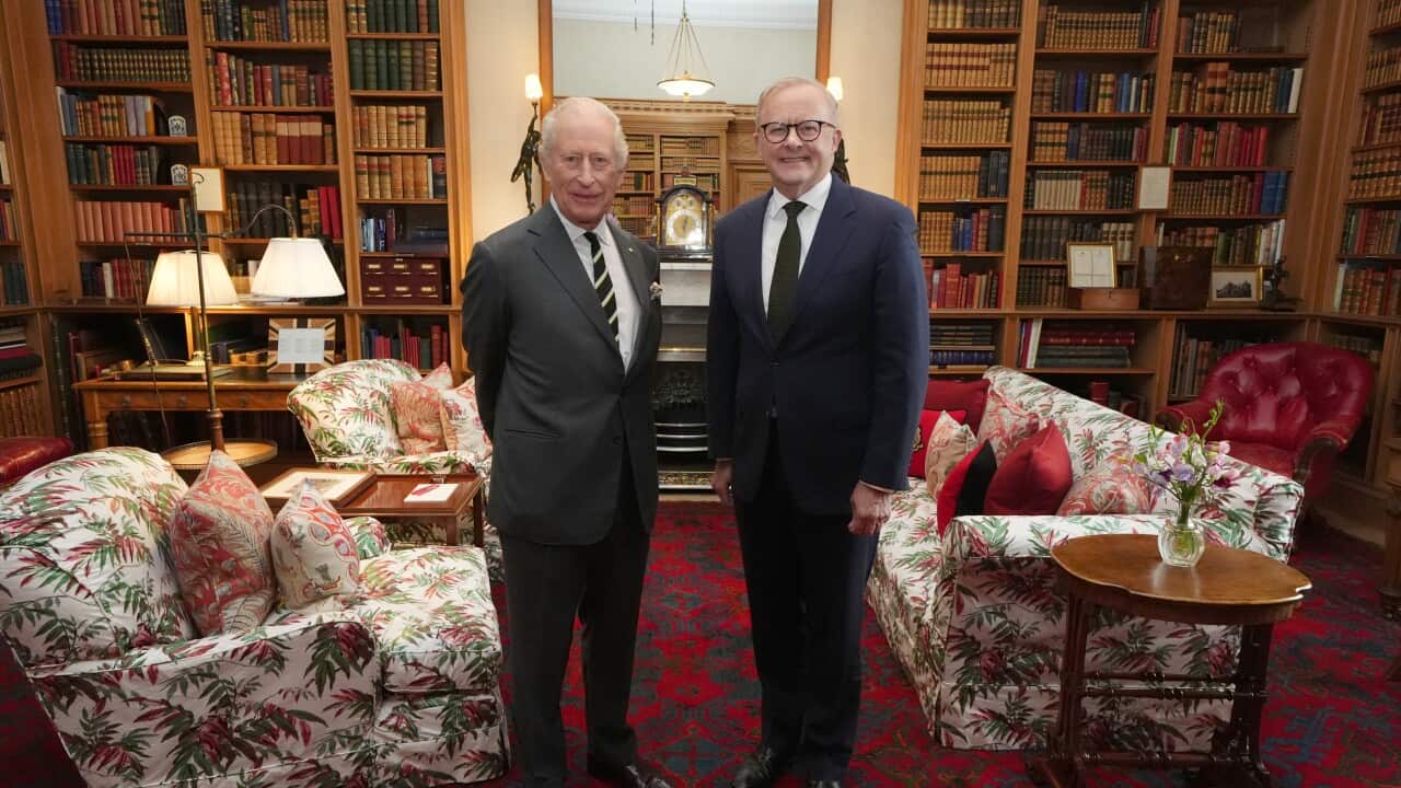 Two men stand in a richly appointed library, flanked by tall wooden bookshelves filled and armchairs and sofas. The man on the left (King Charles) wears a grey suit and striped tie, while the man on the right (Anthony Albanese) wears a dark blue suit and a solid dark tie, both posing directly for the camera.