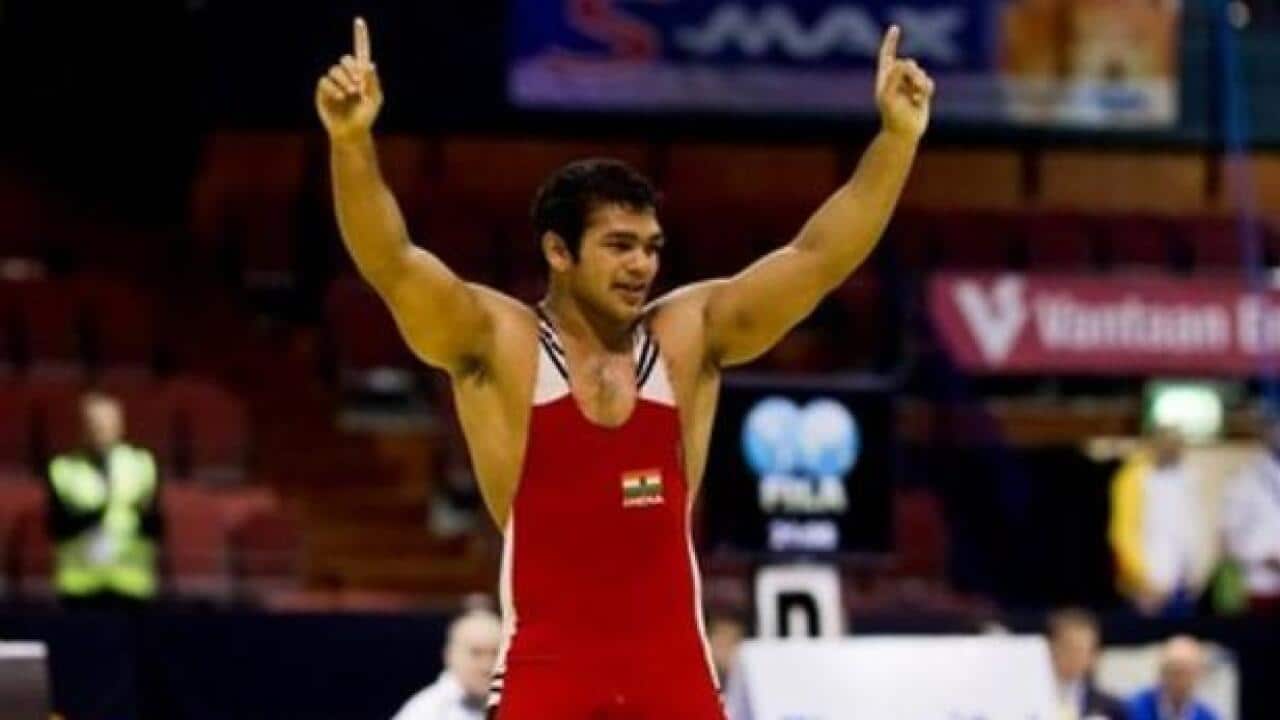 Yadav of India celebrates after he won the men's 74kg freestyle weight class during the Vantaa Cup finals in Vantaa
