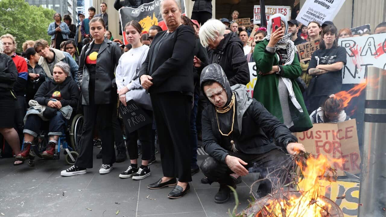 Aboriginal and Torres Strait Islanders and allies during a protest at the General Post Office in Melbourne, Wednesday, November 13, 2019