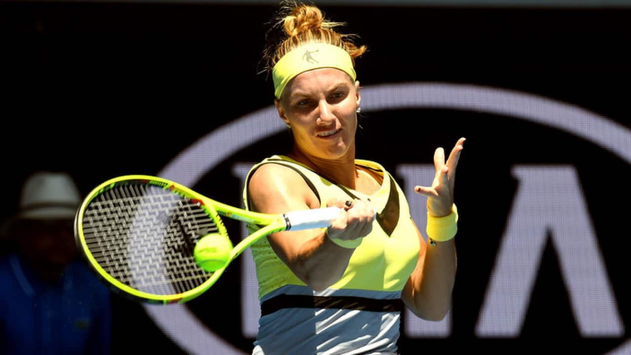 Svetlana Kuznetsova of Russia in action against Jaimee Fourlis of Australia in round 2 of the Womens Singles on day three of the Australian Open in Melbourne, Australia, Wednesday, Jan. 18, 2017. (AAP Image/Dean Lewins) NO ARCHIVING, EDITORIAL USE ONLY
