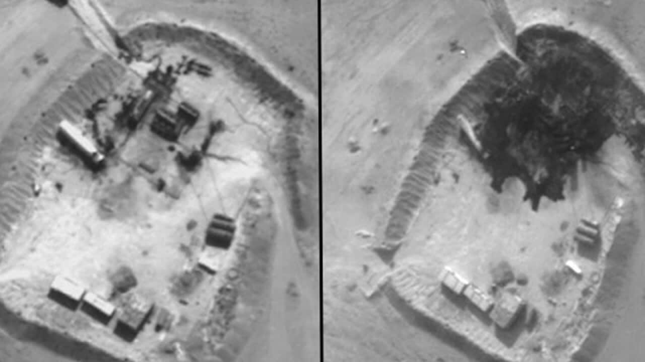 Before and after shots of airstrikes at an oil refinery in Syria