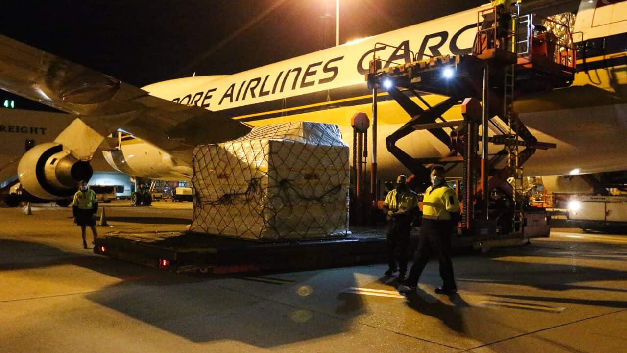 A shipment of 500,000 Pfizer COVID-19 vaccines arrives into Sydney International Airport from Singapore, in Sydney, Thursday, September 2, 2021 (AAP Image/Pool, Gaye Gerard) NO ARCHIVING