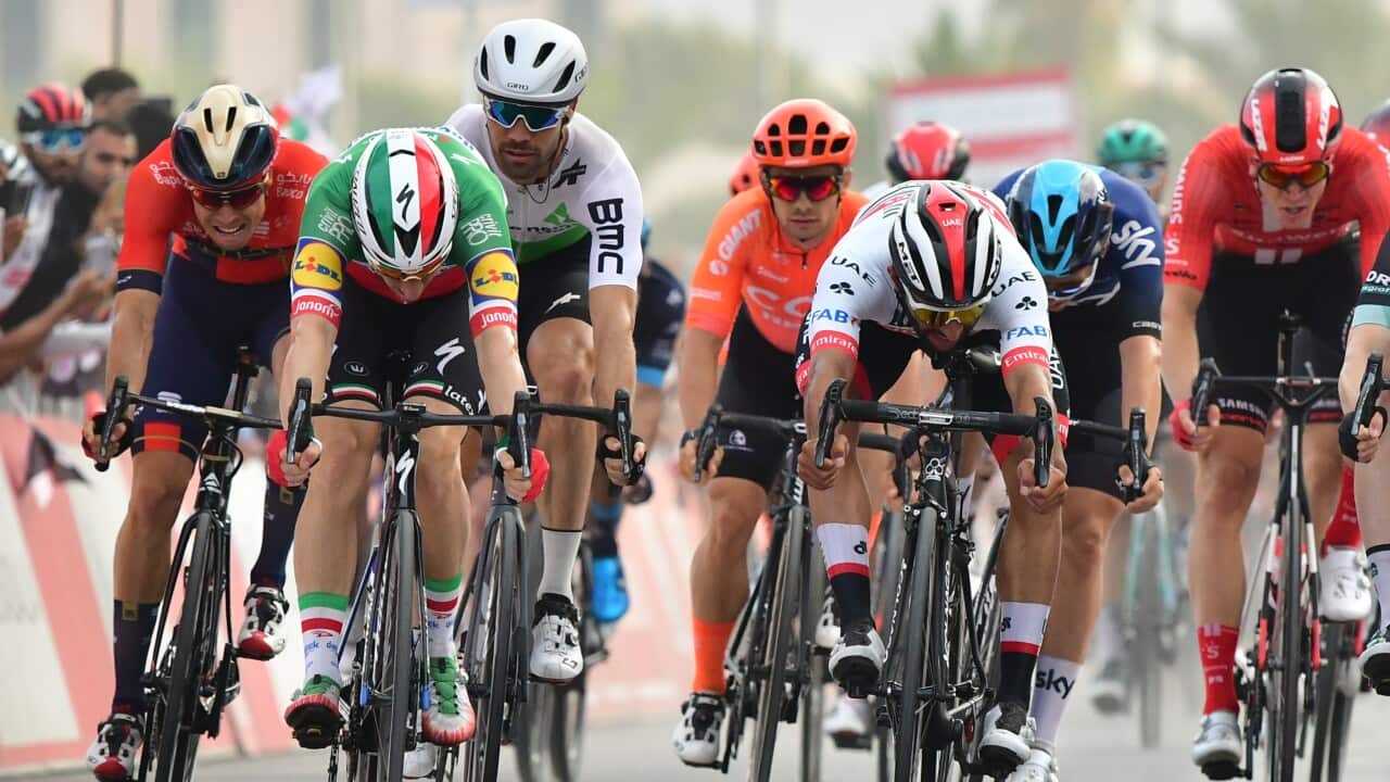 Getty image of Italian sprinter Elia Viviani of Deceuninck-Quick-Step just besting Fernando Gaviria of UAE Team sealing victory on Stage 5 of the UAE tour in Khor Fakkan, UAE