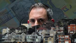 A composite image featuring a man peering behind a row of waterfront Sydney properties, with Australian $50 notes in the background.