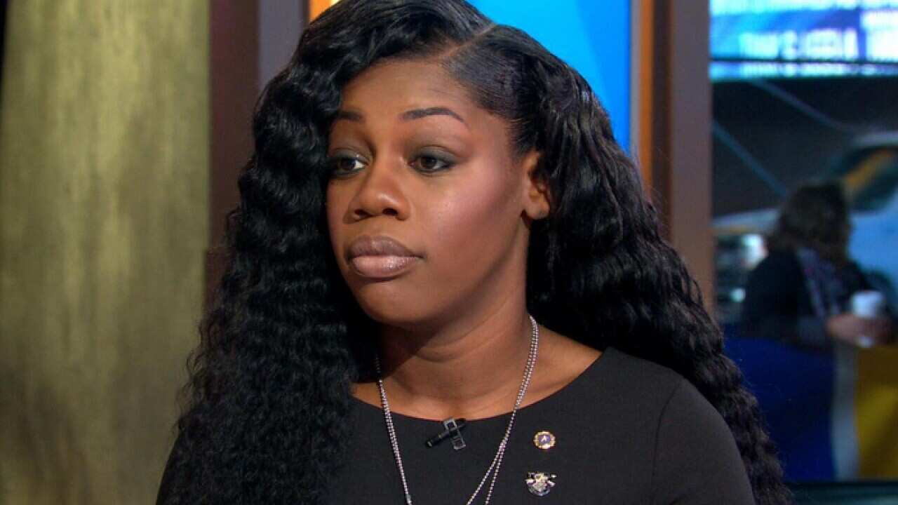 This image from video released by ABC shows Myeshia Johnson, La David Johnson's widow, during an interview on "Good Morning America," Monday, Oct. 23, 2017, in New York. (ABC News via AP)