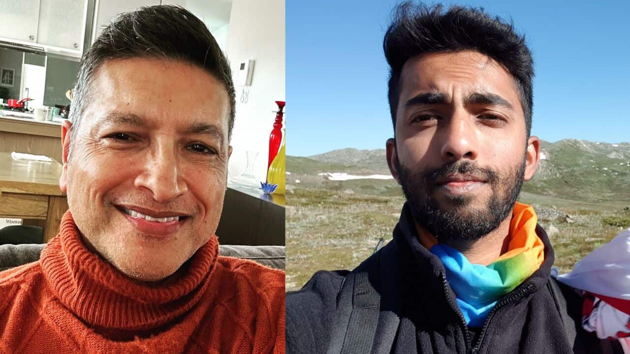 A split image with Alan on the left, wearing an orange turtleneck and smiling into the camera, and Sanjay on the right, wearing a zip jumper, a backpack and a rainbow-coloured scarf