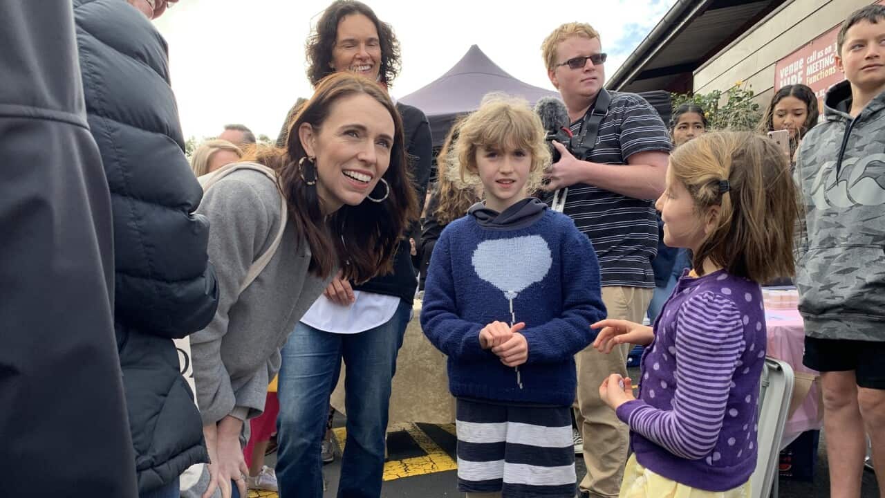 New Zealand Prime Minister Jacinda Ardern campaigns at Grey Lynn Farmers Market in her Auckland electorate of Mount Albert on Sunday, August 9, 2020. (AAP Image/Ben McKay) NO ARCHIVING