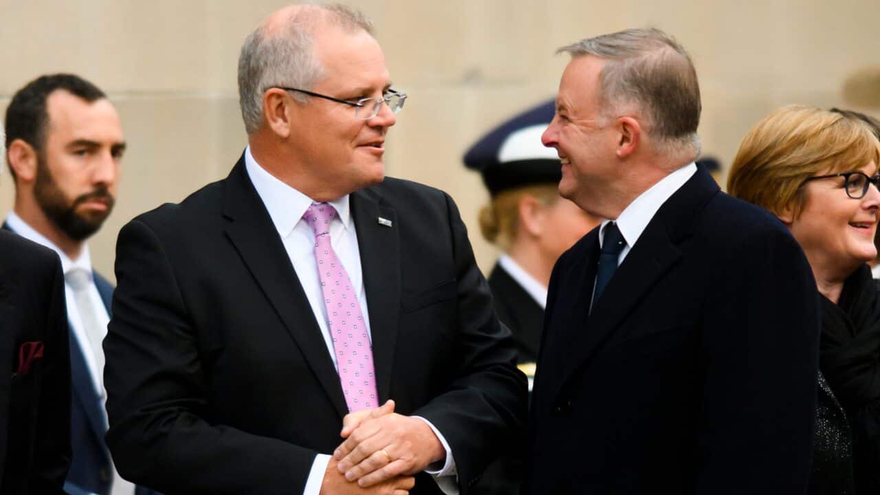 Prime Minister Scott Morrison and Opposition Leader Anthony Albanese ahead of the Last Post Ceremony at the Australian War Memorial in Canberra, Monday, July 1, 2019. (AAP Image/Rohan Thomson) NO ARCHIVING