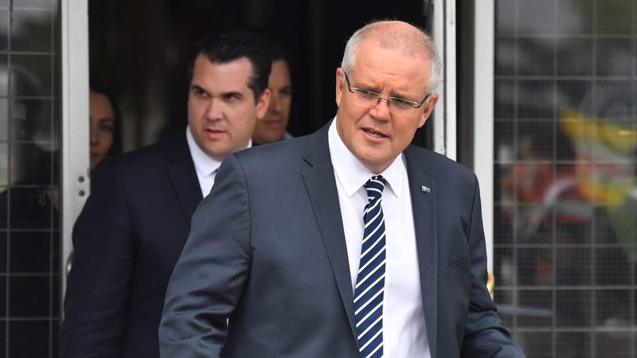 Liberal member for Deakin Michael Sukkar and Prime Minister Scott Morrison visit the landscaping business of Daisy's at Ringwood in Melbourne.