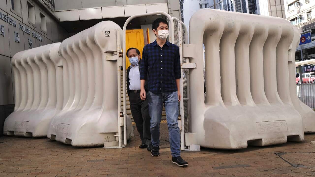 Pro-democracy politician Ted Hui leaving a Hong Kong police station in 2020