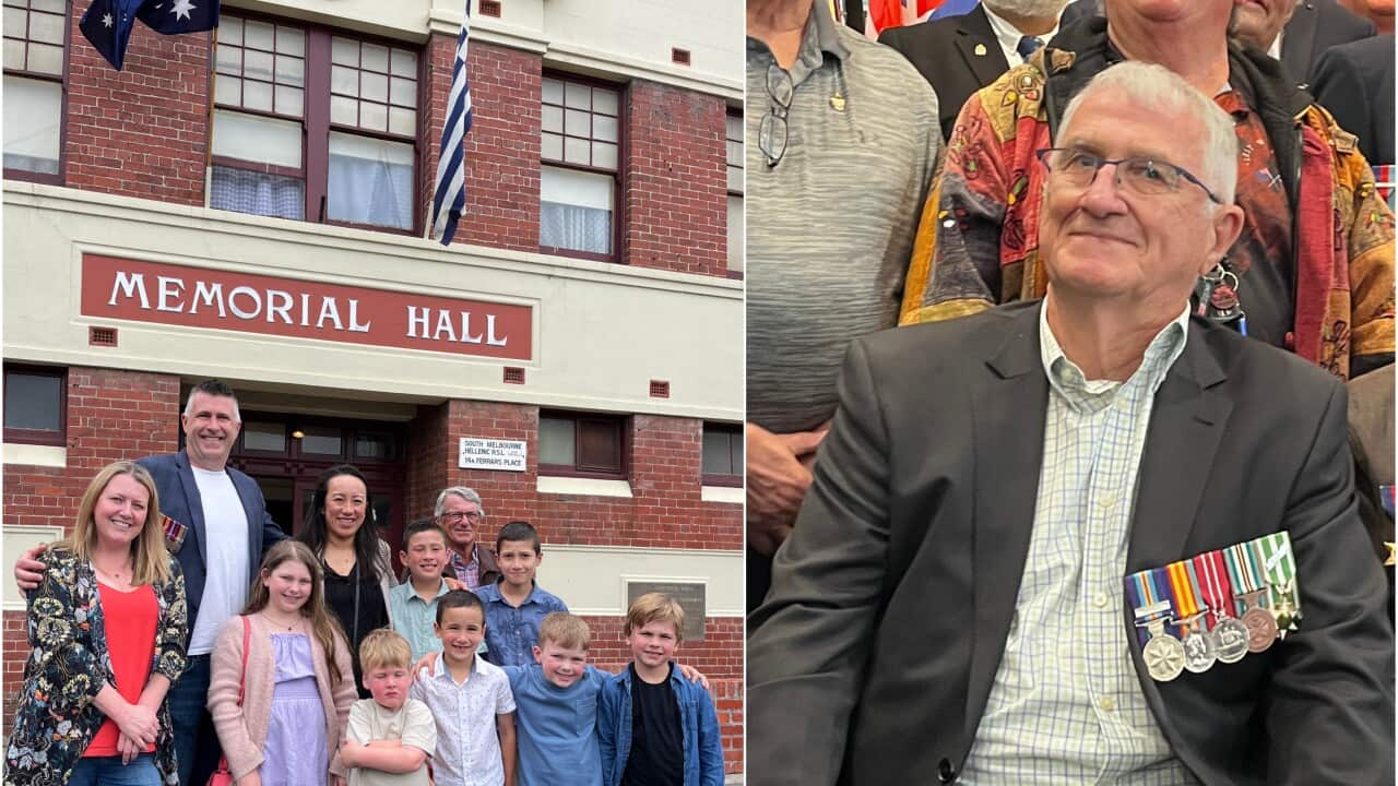 L: Late Australian veteran Kevin Byrne's extended family at the Hellenic RSL. R: Kevin Byrne's son, Michael, Melbourne, November 2023