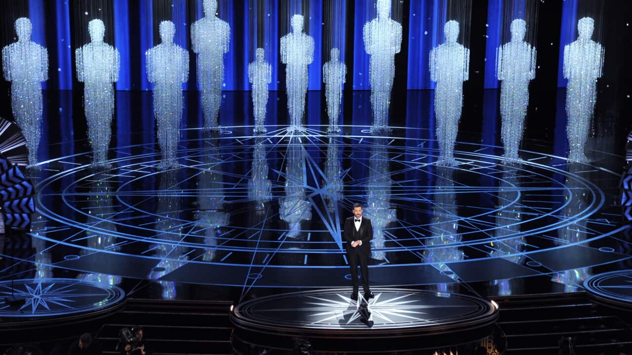 Host Jimmy Kimmel speaks at the Oscars on Sunday, Feb. 26, 2017, at the Dolby Theatre in Los Angeles.