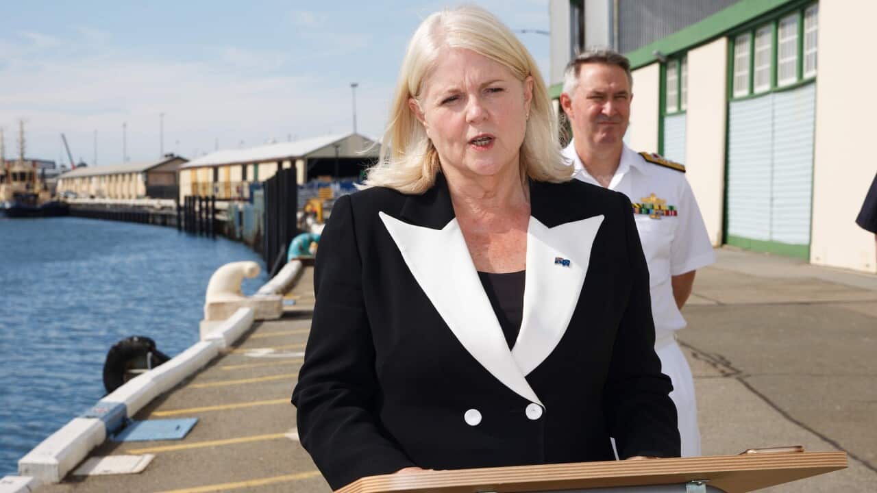 Home Affairs Minister Karen Andrews holds a press conference at Fremantle Harbour in Western Australia on 6 April 2022.