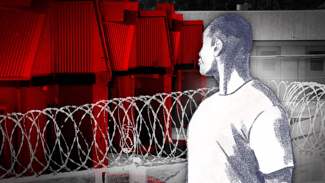 A graphic showing an image of a man standing outside barbed wire looking in at a prison.